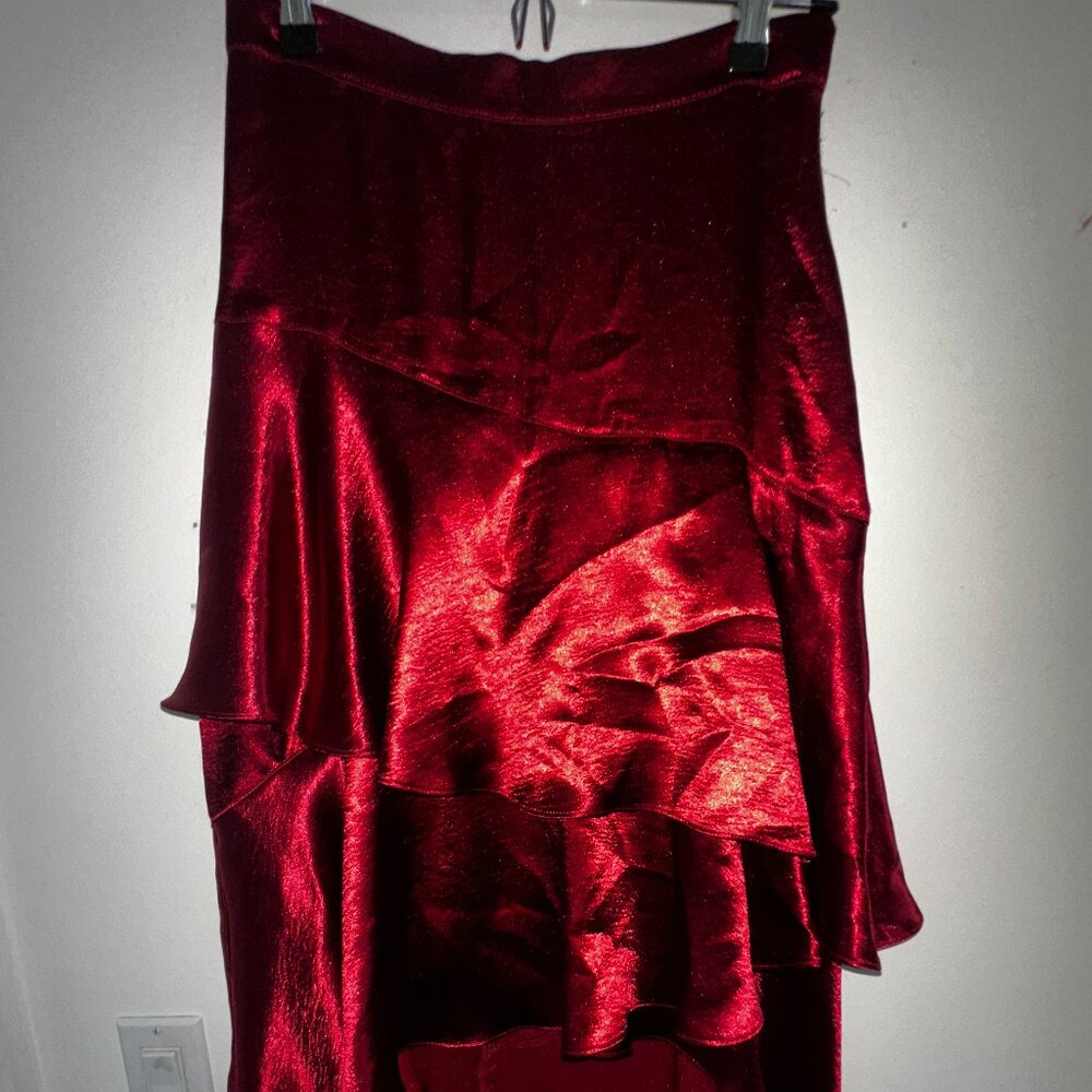 Red Satin Ruffle Midi Skirt
